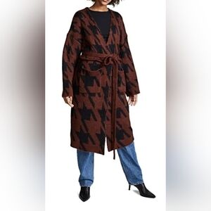 New Moon River Rust and Black Houndstooth Belted Long Sweater Cardigan Size M